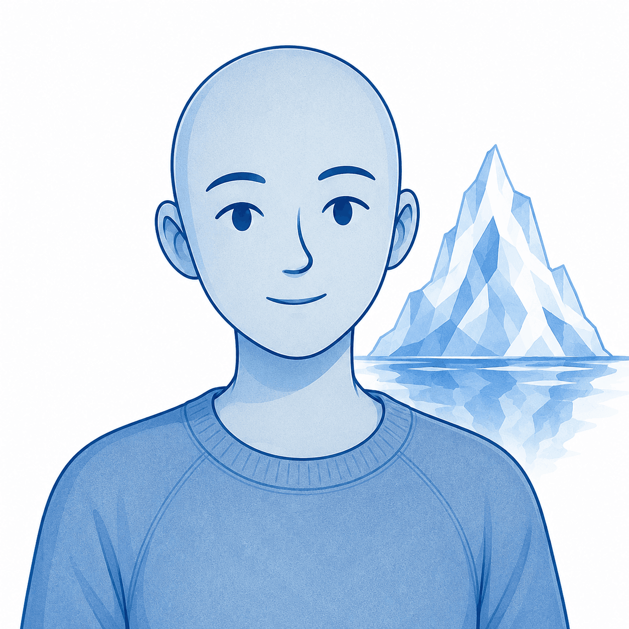 Fathom, a blue illustrated figure beside an iceberg.