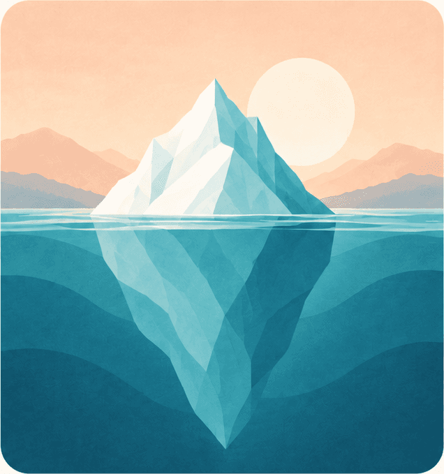 A faceted iceberg beneath a peach sun, with its larger submerged form visible below the water.