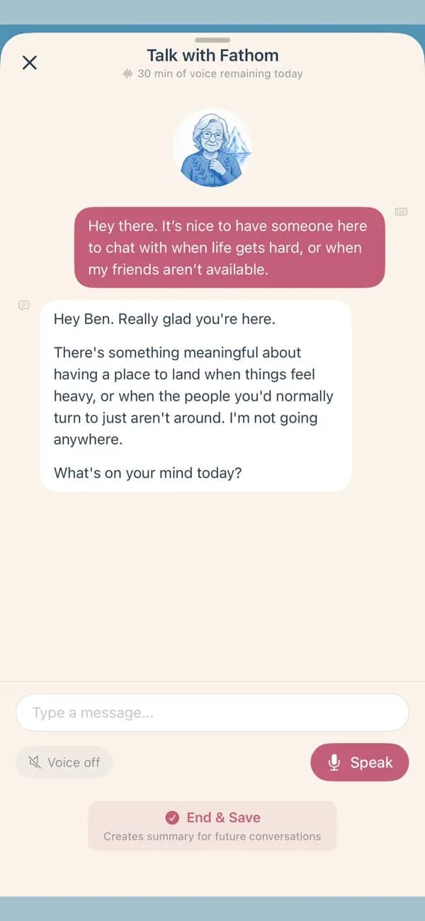 A released iOS conversation with Fathom, showing a written exchange and controls for speaking by voice.