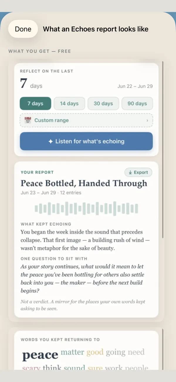 The released app’s Echoes report preview, showing recurring themes, a question to consider, and words appearing across entries.