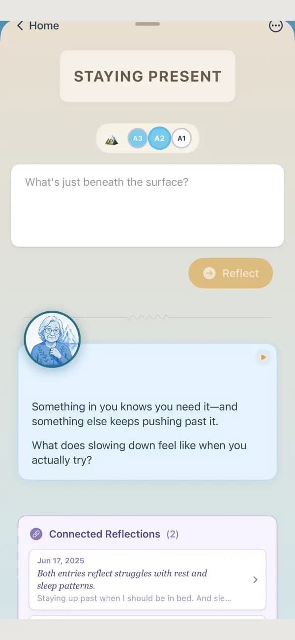 The iOS guided journal showing iceberg layers, a response from Fathom, and connections to earlier entries.