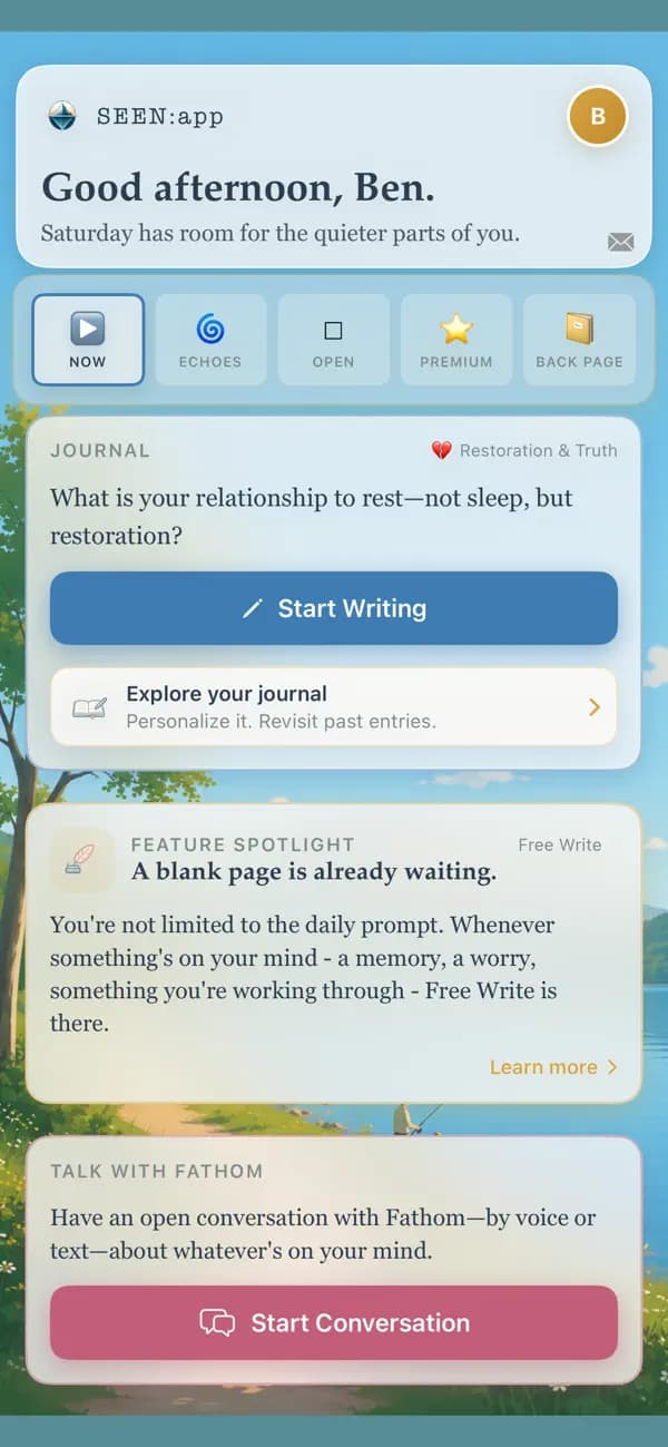 The released SEEN:app Now screen, with a daily prompt and ways to start writing or talk with Fathom.